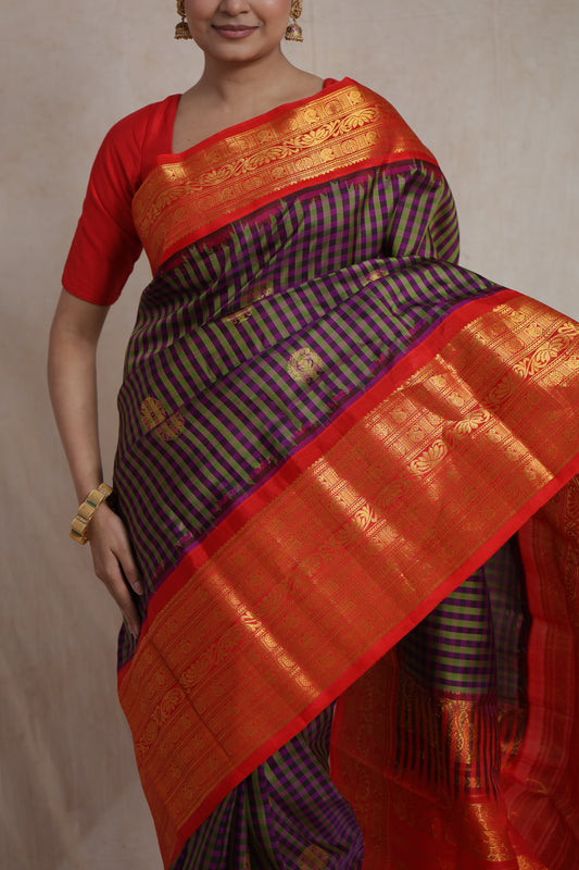 Royal Purple & Olive Green Mix Stripe Gadwal Silk Saree with Contrast Border