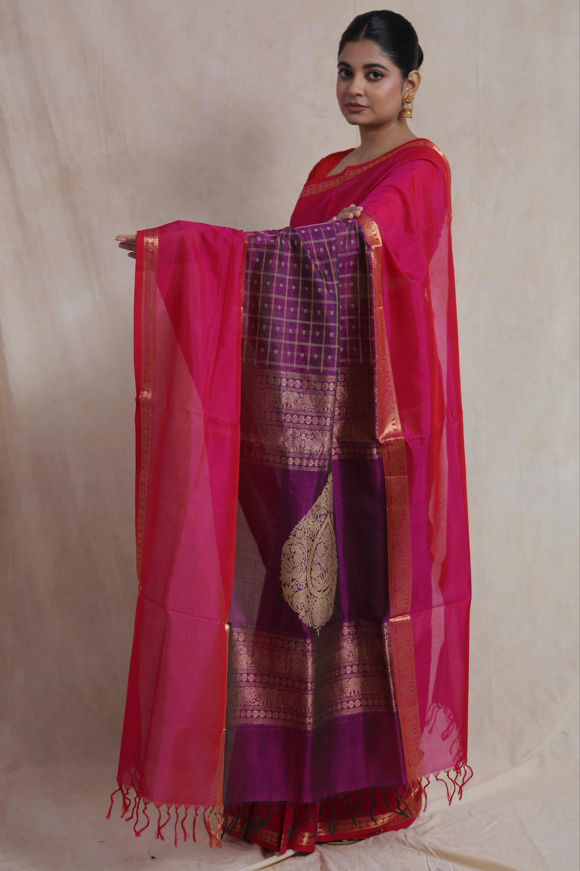 Rani pink Kanchipuram handloom Sico saree with rich purple woven pallu