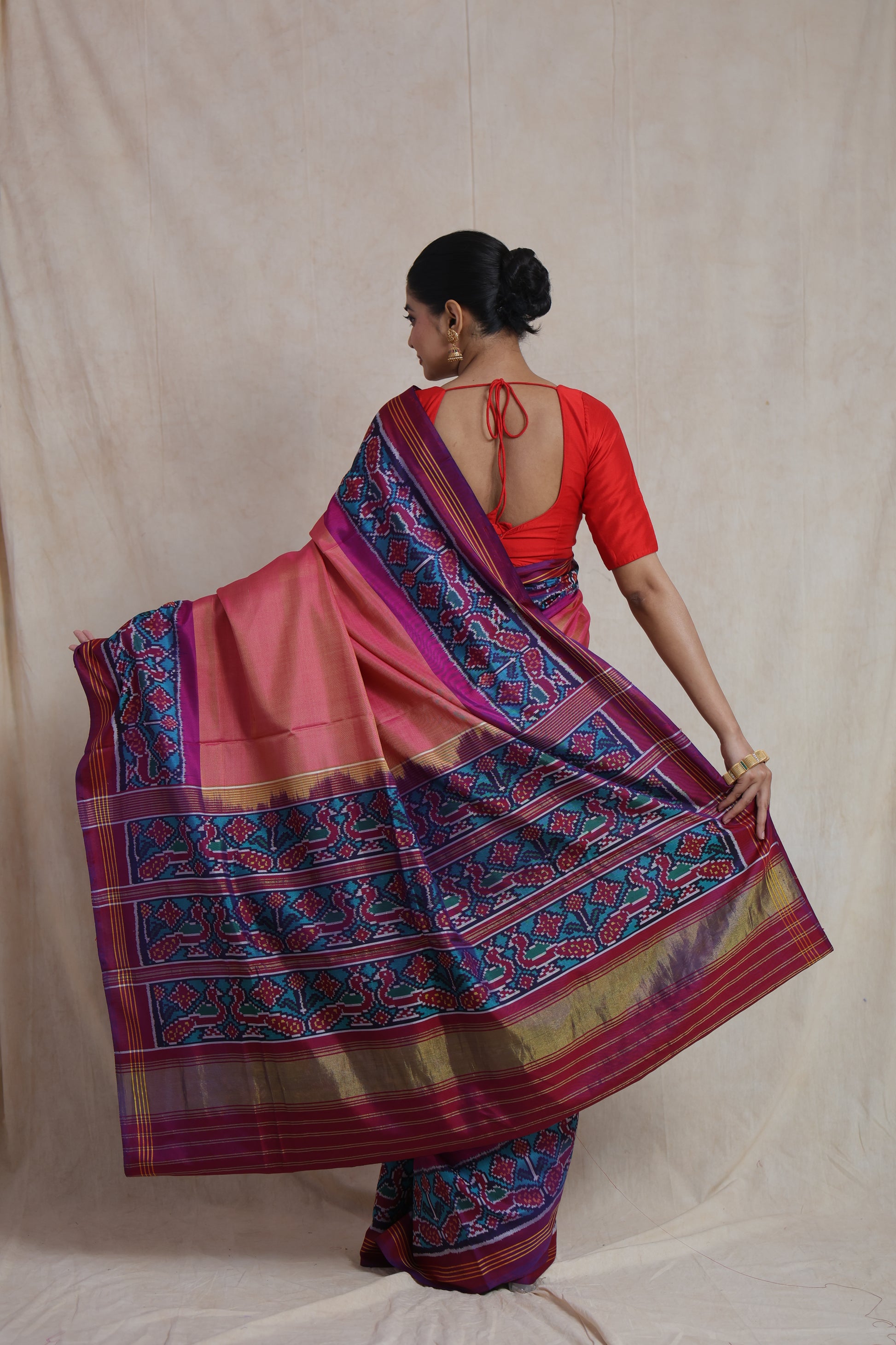 Back view showcasing the rich pallu and multicolour woven border of the Patola silk saree