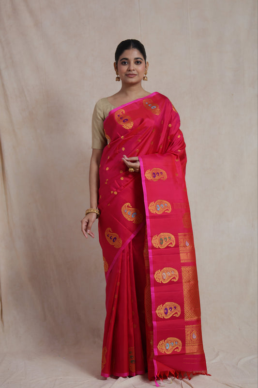 Front view of a rani pink Gadwal silk saree featuring traditional paisley motifs and a richly woven pallu.