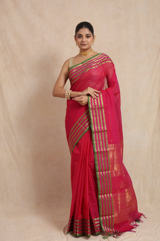 Rani Pink Kanchipuram Handloom Cotton Saree with Green Border & Traditional Woven Pallu