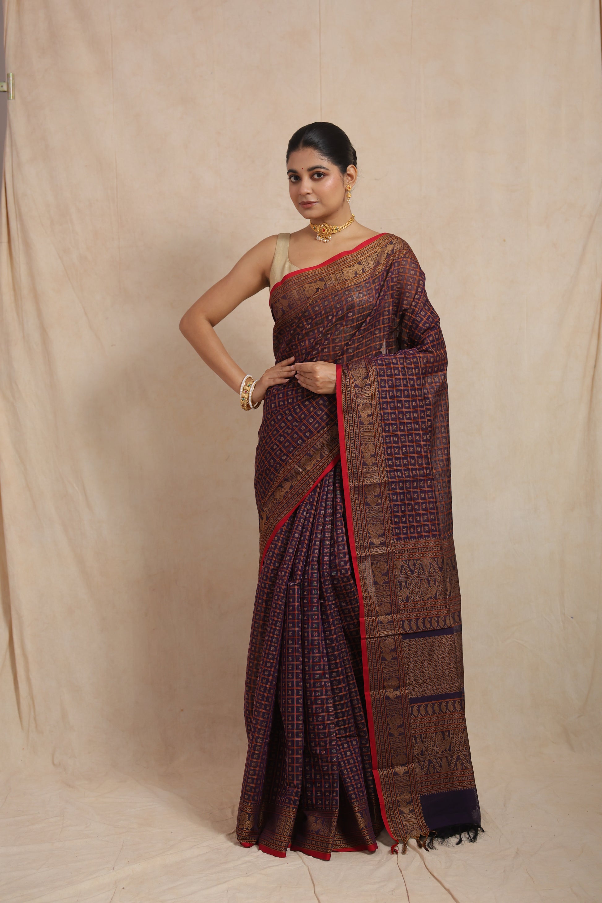 Royal VIOLET Blue Kanchipuram Handloom Cotton Saree with Red Border