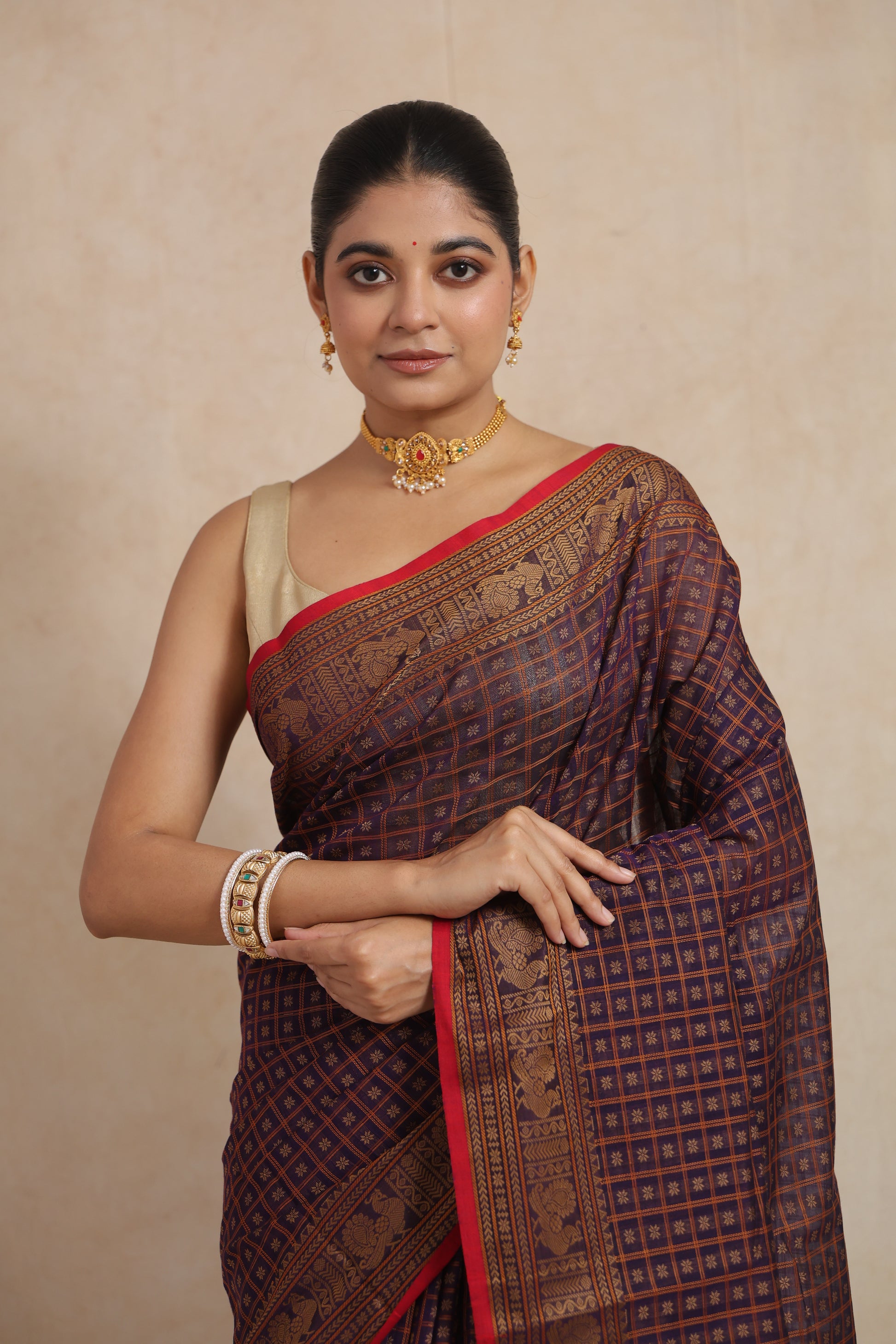VIOLET blue Kanchipuram handloom cotton saree with traditional woven checks and red border