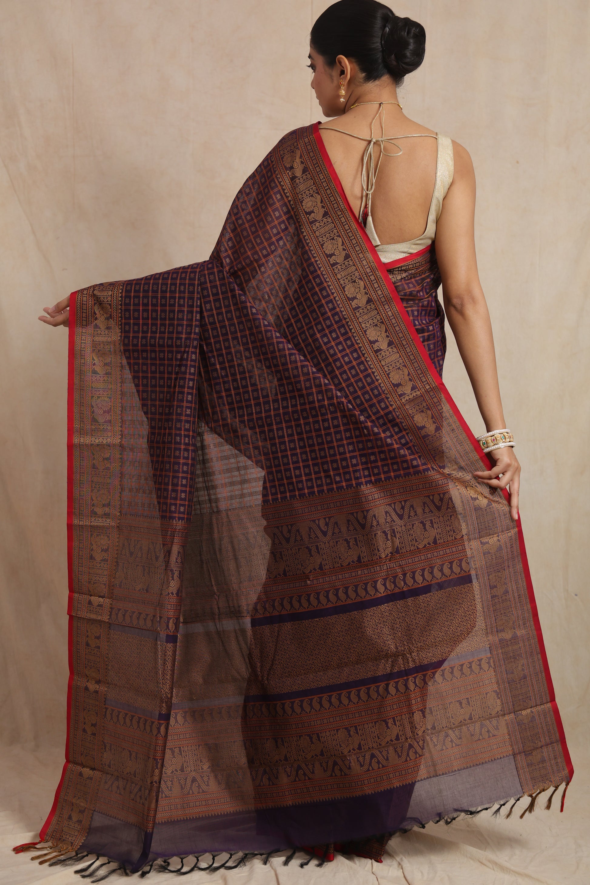 Back view of VIOLET blue Kanchipuram cotton saree showcasing intricate woven pallu