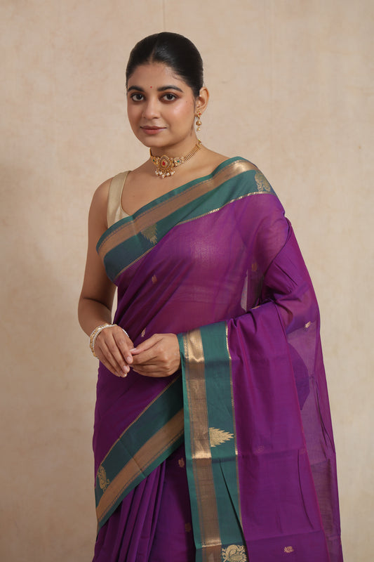 Portrait view of Kanchipuram handloom cotton saree in royal purple with contrast green border