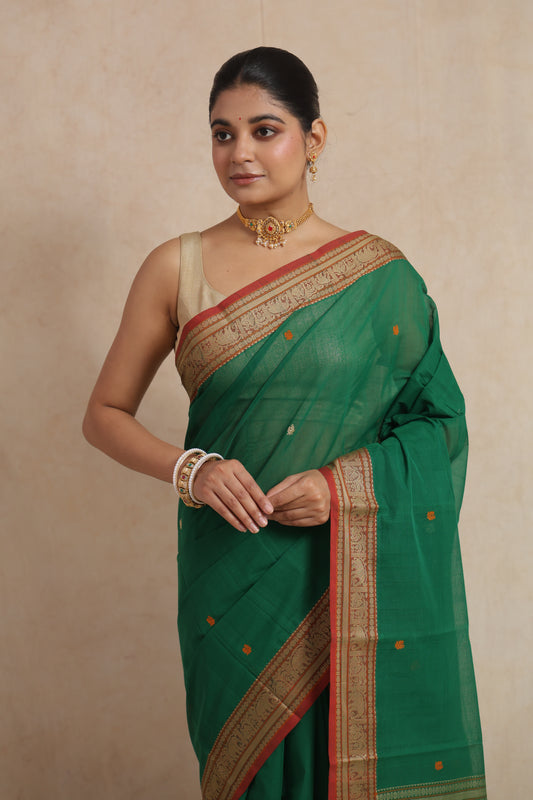 Emerald Green Kanchipuram Cotton Saree with Traditional Woven Border