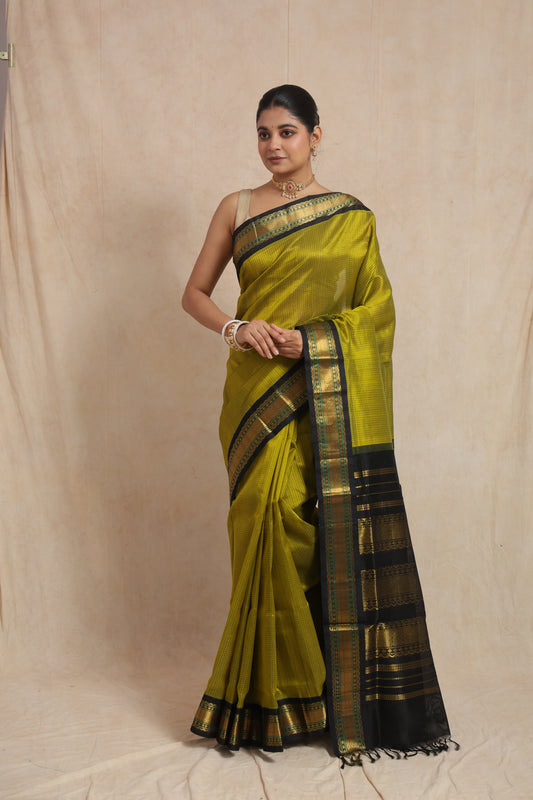 OLIVE Green Kanchipuram Silk Cotton Saree with Black Zari Woven Border