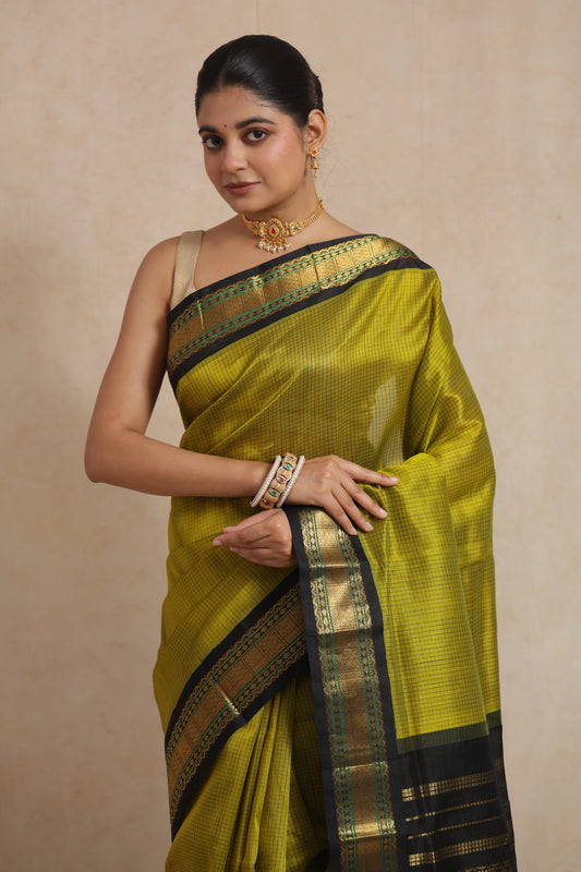 OLIVE Green Kanchipuram Silk Cotton Saree with Black Zari Woven Border