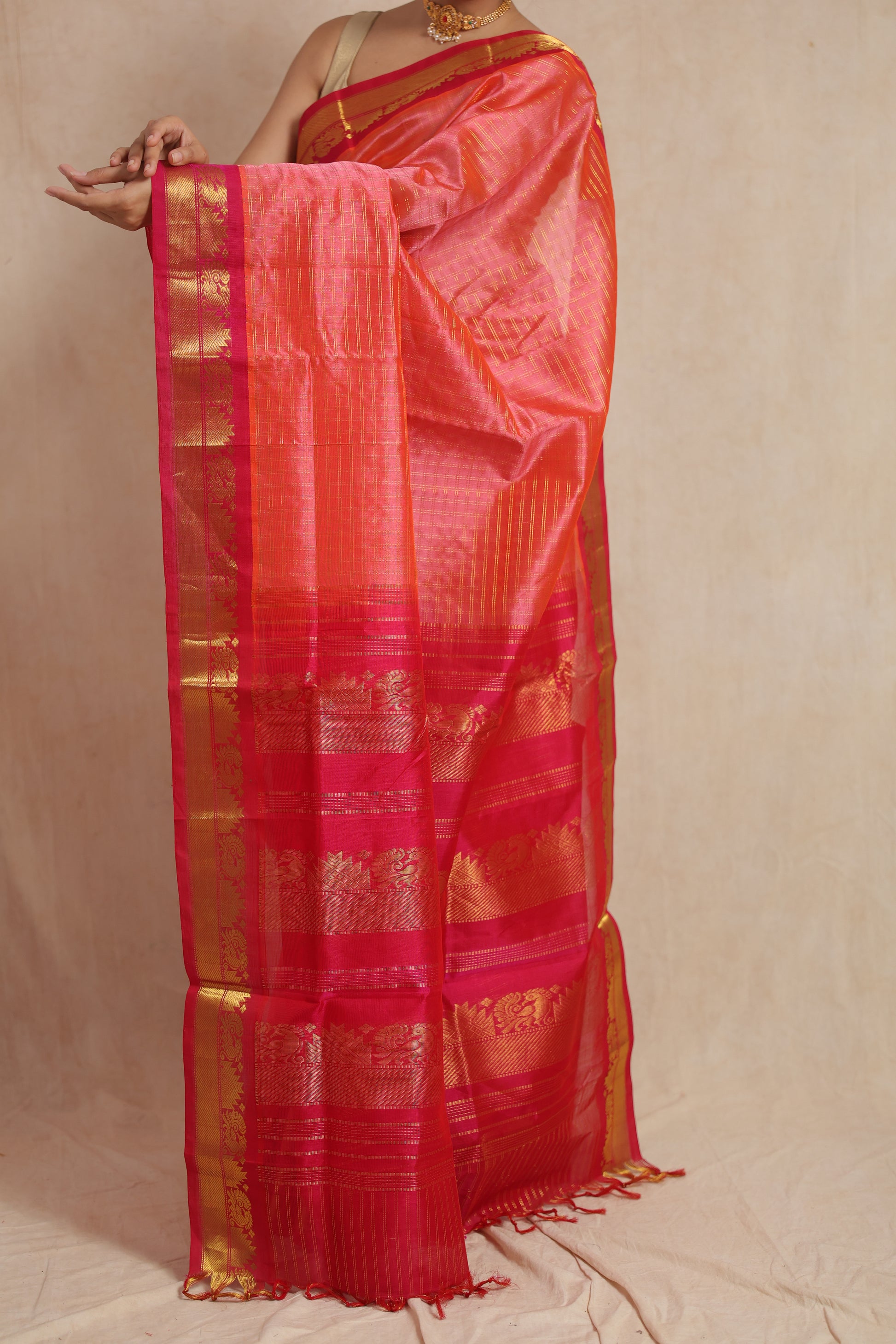 Detailed view of the traditional pallu and woven border of the coral pink Kanchipuram Handloom SICO saree