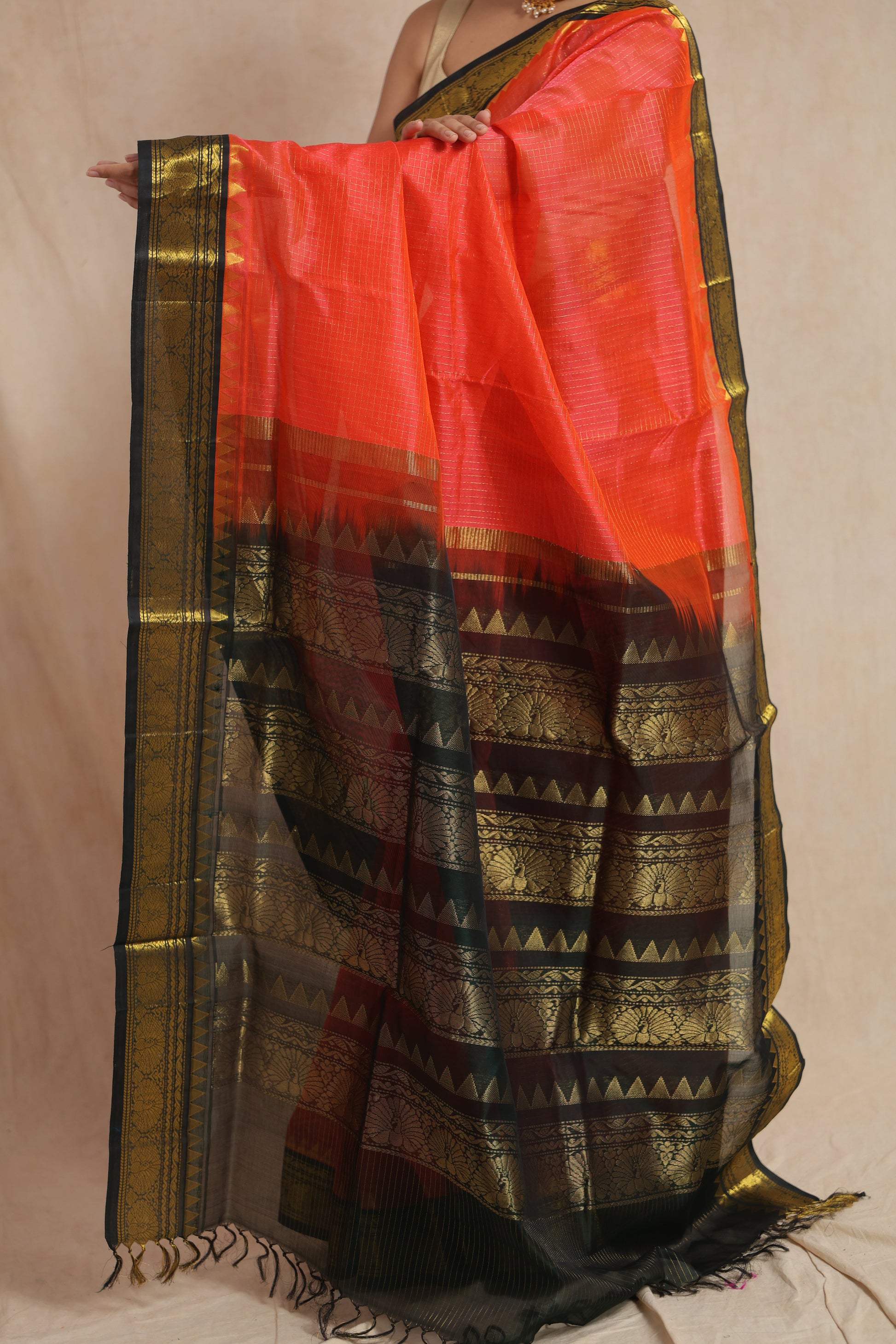 Back view showcasing the rich black woven pallu of Kanchipuram Handloom SICO saree