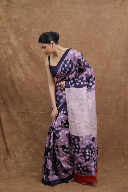 Elegant Lavender & Navy Floral Handloom Cotton Saree
