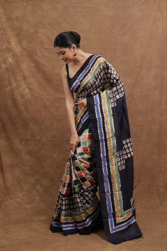 Navy Blue Handloom Cotton Saree with Multicolor Geometric Print