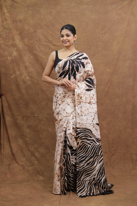 Beige & Brown Handloom Cotton Saree with Nature-Inspired Print