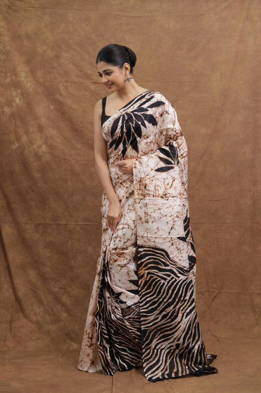Beige & Brown Handloom Cotton Saree with Nature-Inspired Print