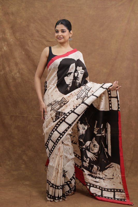 Off-White Handloom Cotton Saree with Artistic Portrait Print