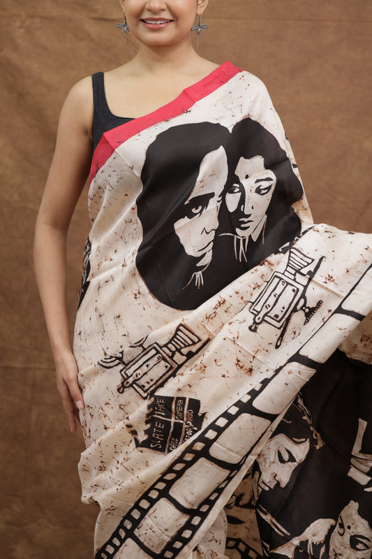 Off-White Handloom Cotton Saree with Artistic Portrait Print