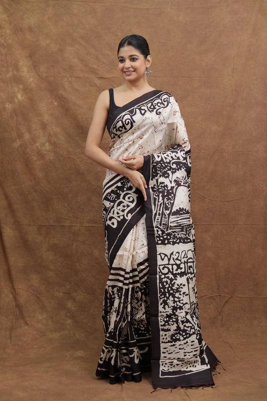 Beige & Black Handloom Cotton Saree with Heritage Script Print