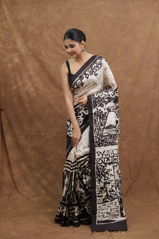 Beige & Black Handloom Cotton Saree with Heritage Script Print