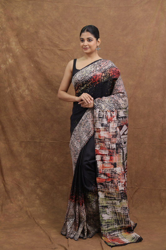 Black Handloom Cotton Saree with Abstract Multicolor Artistic Print