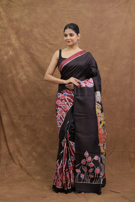 Black Handloom Cotton Saree with Goddess Durga Artistic Print