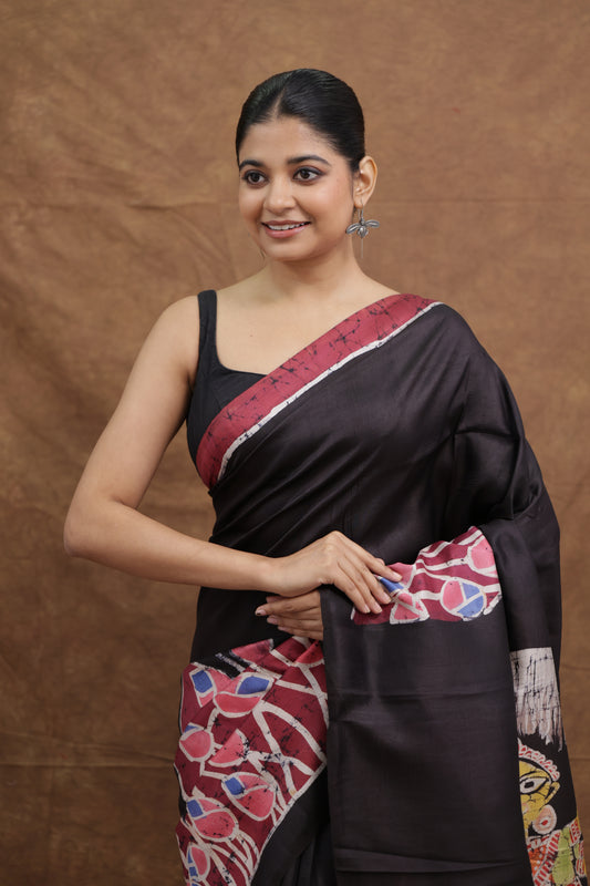 Black Handloom Cotton Saree with Goddess Durga Artistic Print
