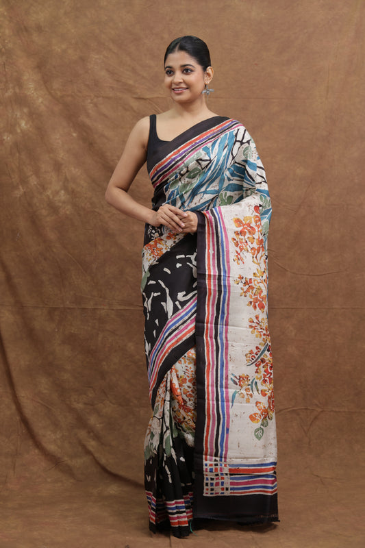 Multicolor Handloom Cotton Saree with Abstract Floral Print
