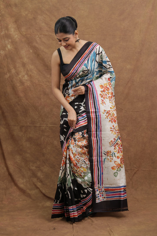 Multicolor Handloom Cotton Saree with Abstract Floral Print