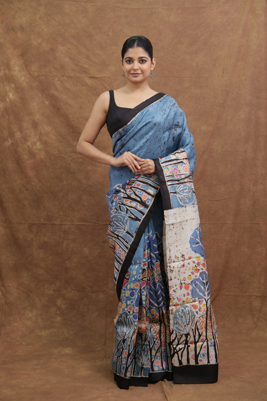Steel Blue Handloom Cotton Saree with Artistic Floral Print