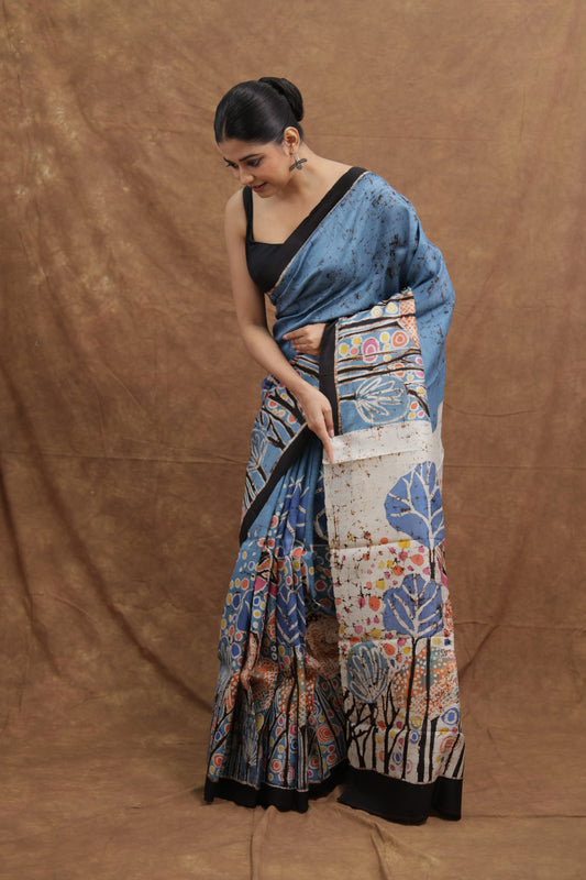 Steel Blue Handloom Cotton Saree with Artistic Floral Print