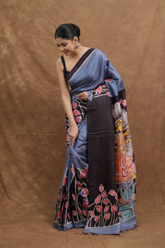 Slate Blue Handloom Cotton Saree with Floral & Artistic Print