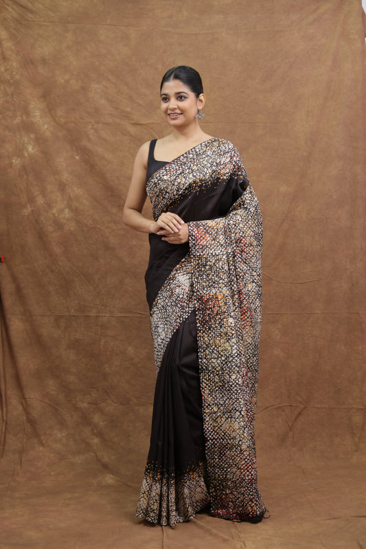 Black Handloom Cotton Saree with Beige Abstract Print