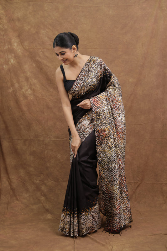 Black Handloom Cotton Saree with Beige Abstract Print