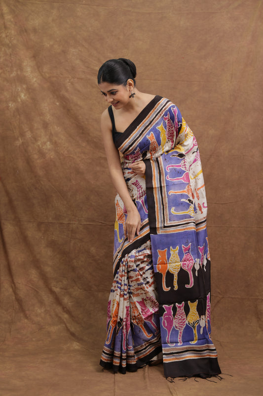 Multicolor Handloom Cotton Saree with Folk Art Print