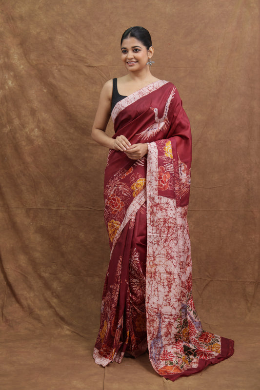 Maroon Handloom Cotton Saree with Floral & Nature-Inspired Print