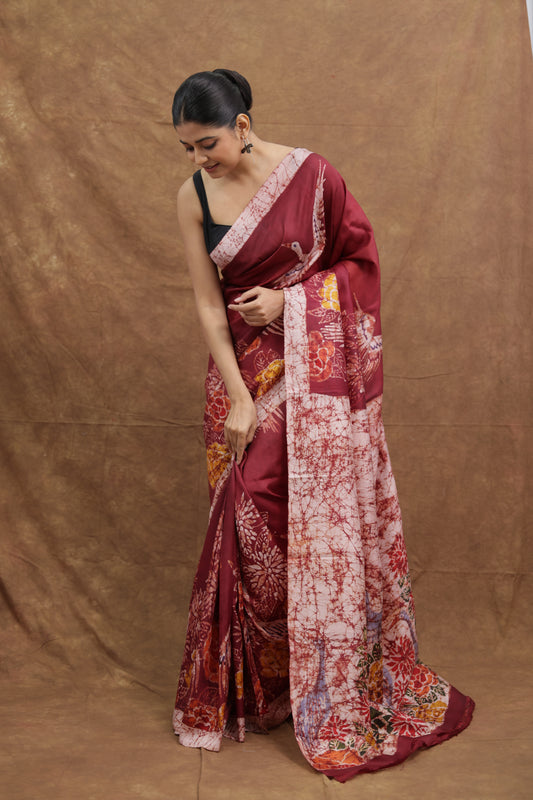 Maroon Handloom Cotton Saree with Floral & Nature-Inspired Print