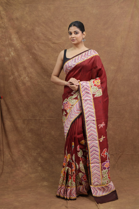 Maroon Handloom Cotton Saree with Floral Garden Print