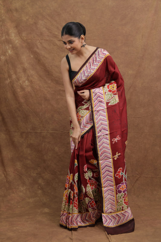 Maroon Handloom Cotton Saree with Floral Garden Print