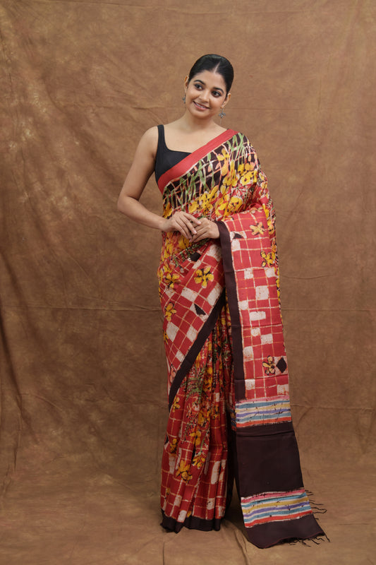 Multicolor Handloom Cotton Saree with Geometric & Floral Print