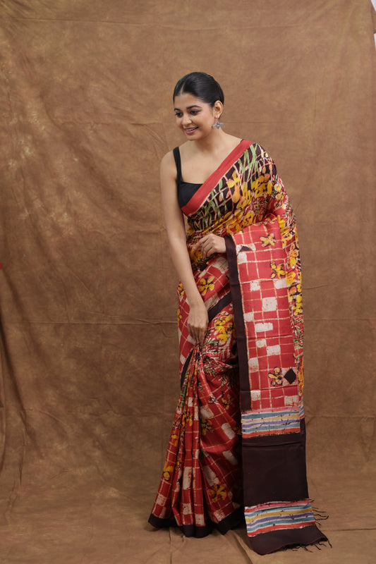 Multicolor Handloom Cotton Saree with Geometric & Floral Print