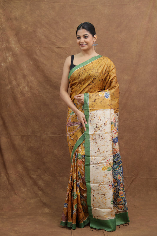 Mustard Yellow Handloom Cotton Saree with Artistic Floral Print