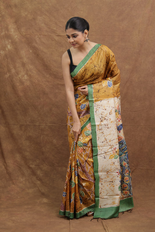 Mustard Yellow Handloom Cotton Saree with Artistic Floral Print