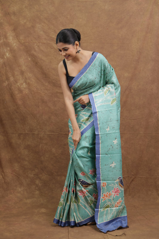 Sea Green Handloom Cotton Saree with Floral Woven Motifs