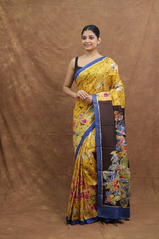 Mustard Yellow Handloom Cotton Saree with Floral & Nature Print