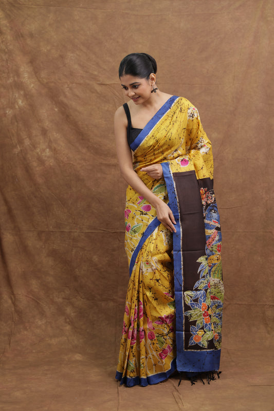 Mustard Yellow Handloom Cotton Saree with Floral & Nature Print