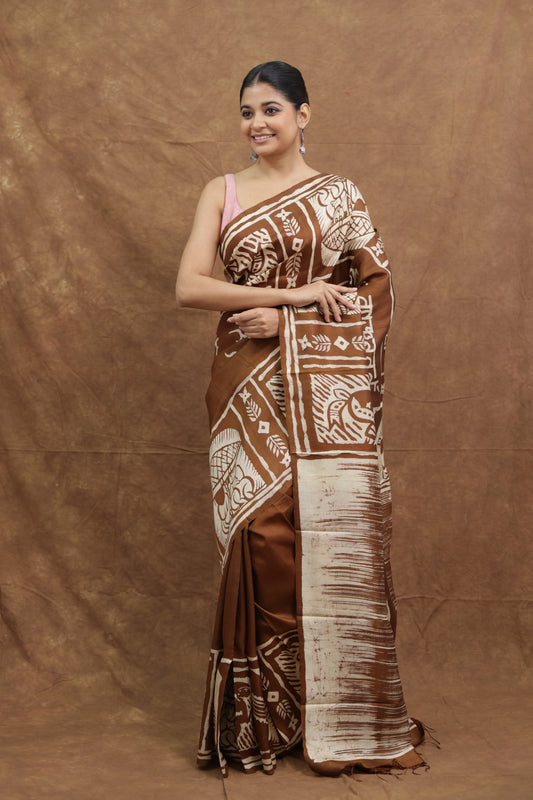 Brown & Beige Handloom Cotton Saree with Tribal Art Print