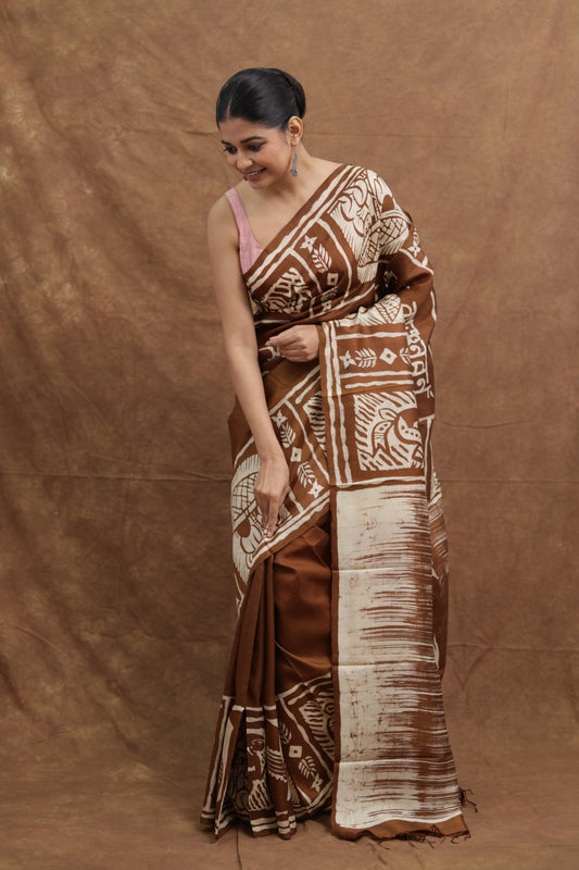 Brown & Beige Handloom Cotton Saree with Tribal Art Print