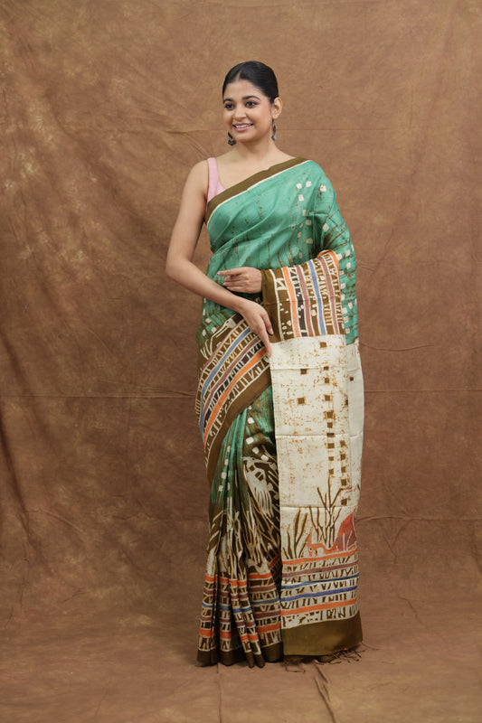 Sea Green Handloom Cotton Saree with Nature-Inspired Scenic Print