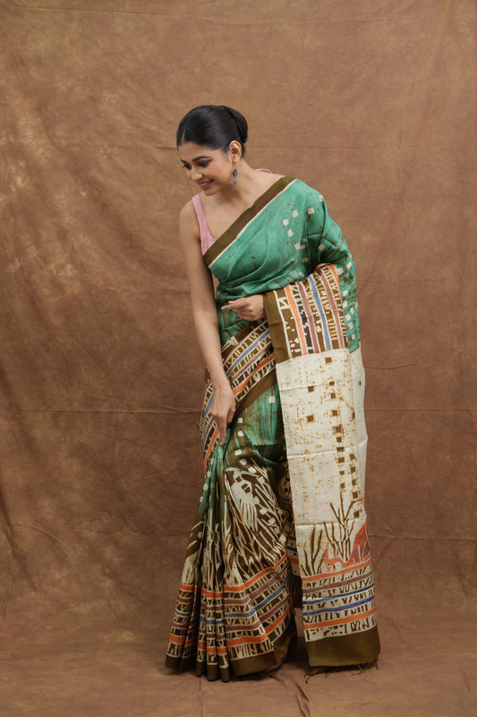 Sea Green Handloom Cotton Saree with Nature-Inspired Scenic Print