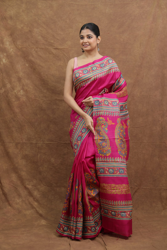 Magenta Handloom Cotton Saree with Traditional Paisley Print