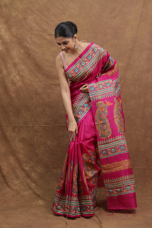 Magenta Handloom Cotton Saree with Traditional Paisley Print